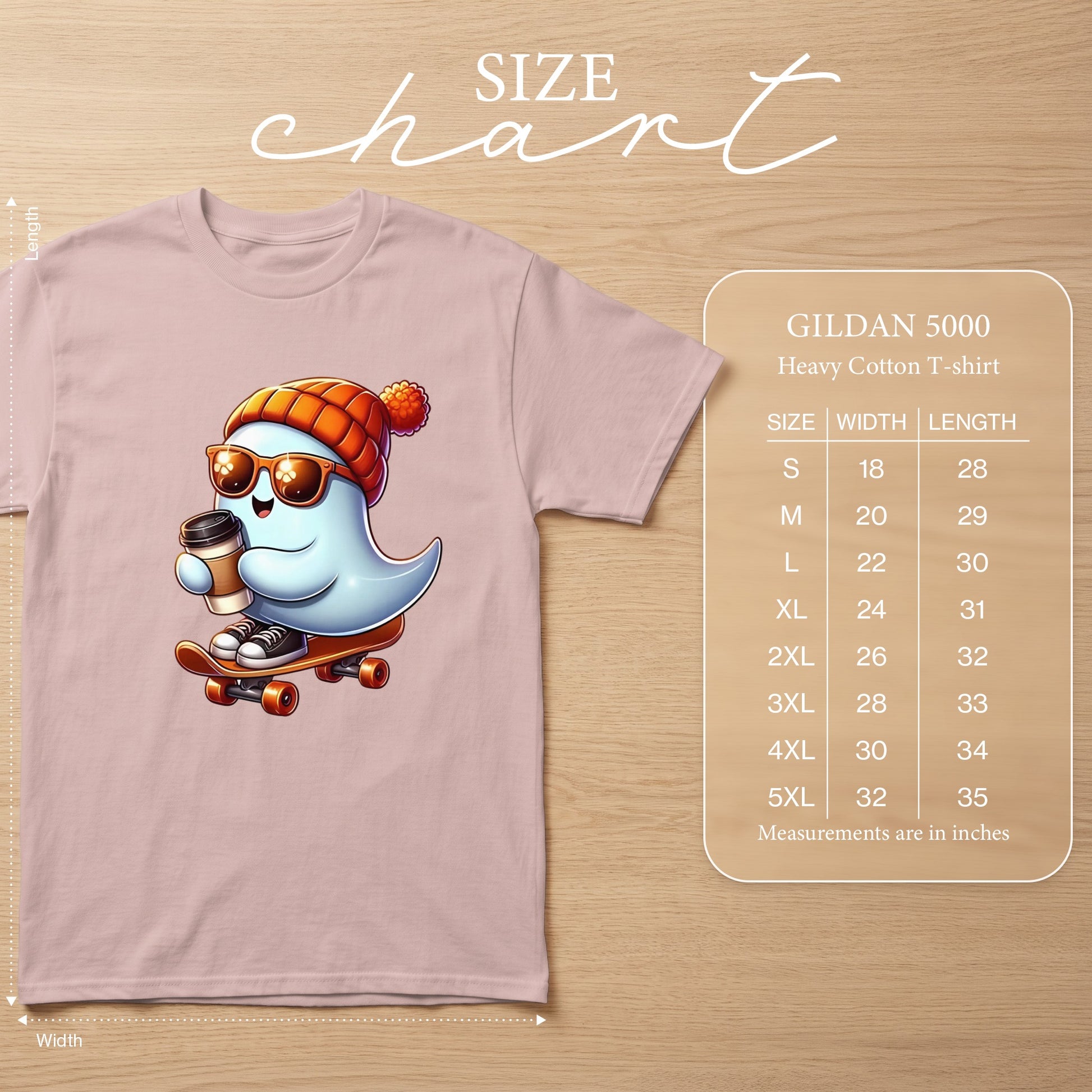 Gildan 5000 size chart with cartoon ghost on skateboard wearing hat and sunglasses.