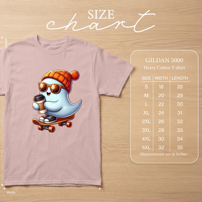Gildan 5000 size chart with cartoon ghost on skateboard wearing hat and sunglasses.
