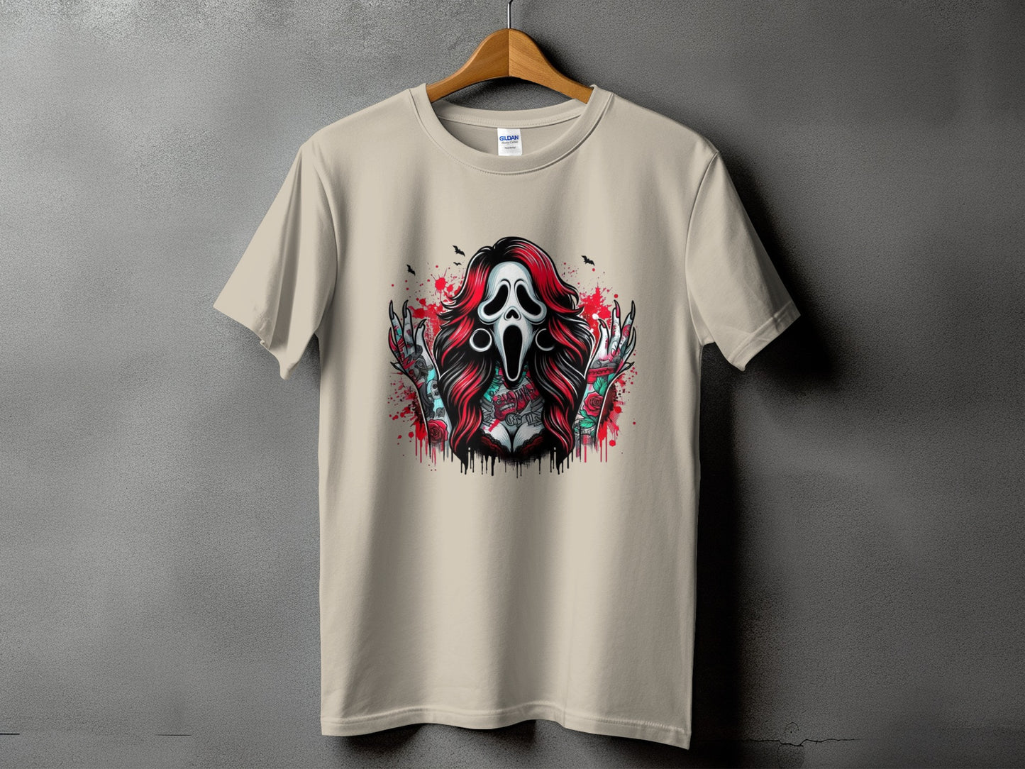 Light beige t-shirt with Ghostface mask graphic and red roses.