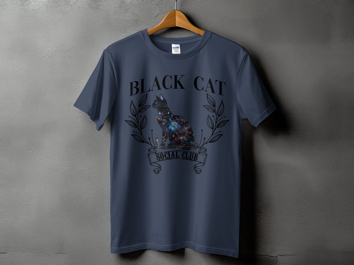 T-shirt with "BLACK CAT SOCIAL CLUB" text and a galaxy-filled cat graphic.