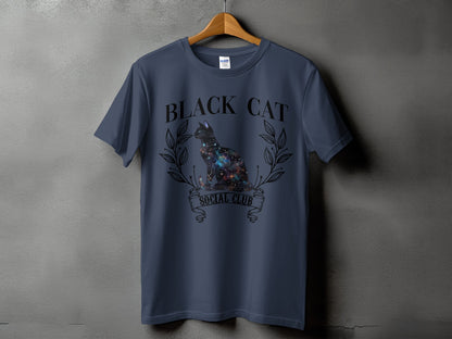 T-shirt with "BLACK CAT SOCIAL CLUB" text and a galaxy-filled cat graphic.