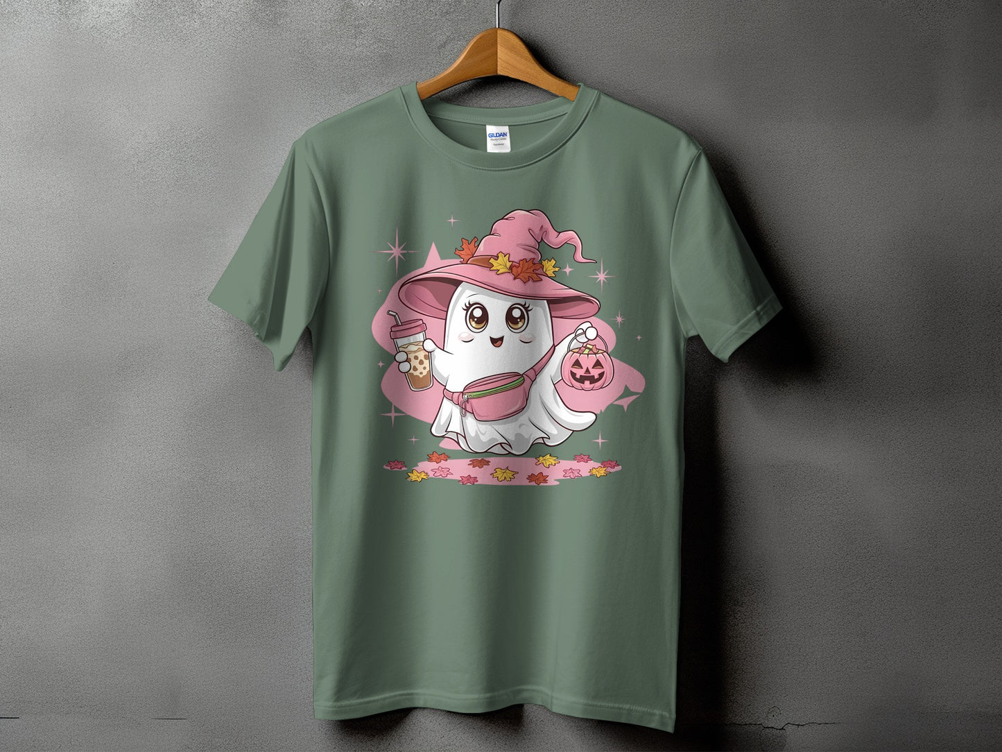 Ghost wearing a witch hat, holding boba and a pumpkin, with autumn leaves.