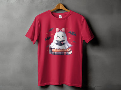 Red t-shirt with a cute ghost reading a book on stacked books.
