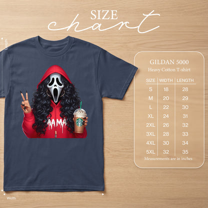 Gildan 5000 Heavy Cotton T-shirt with Ghostface graphic and Starbucks drink.