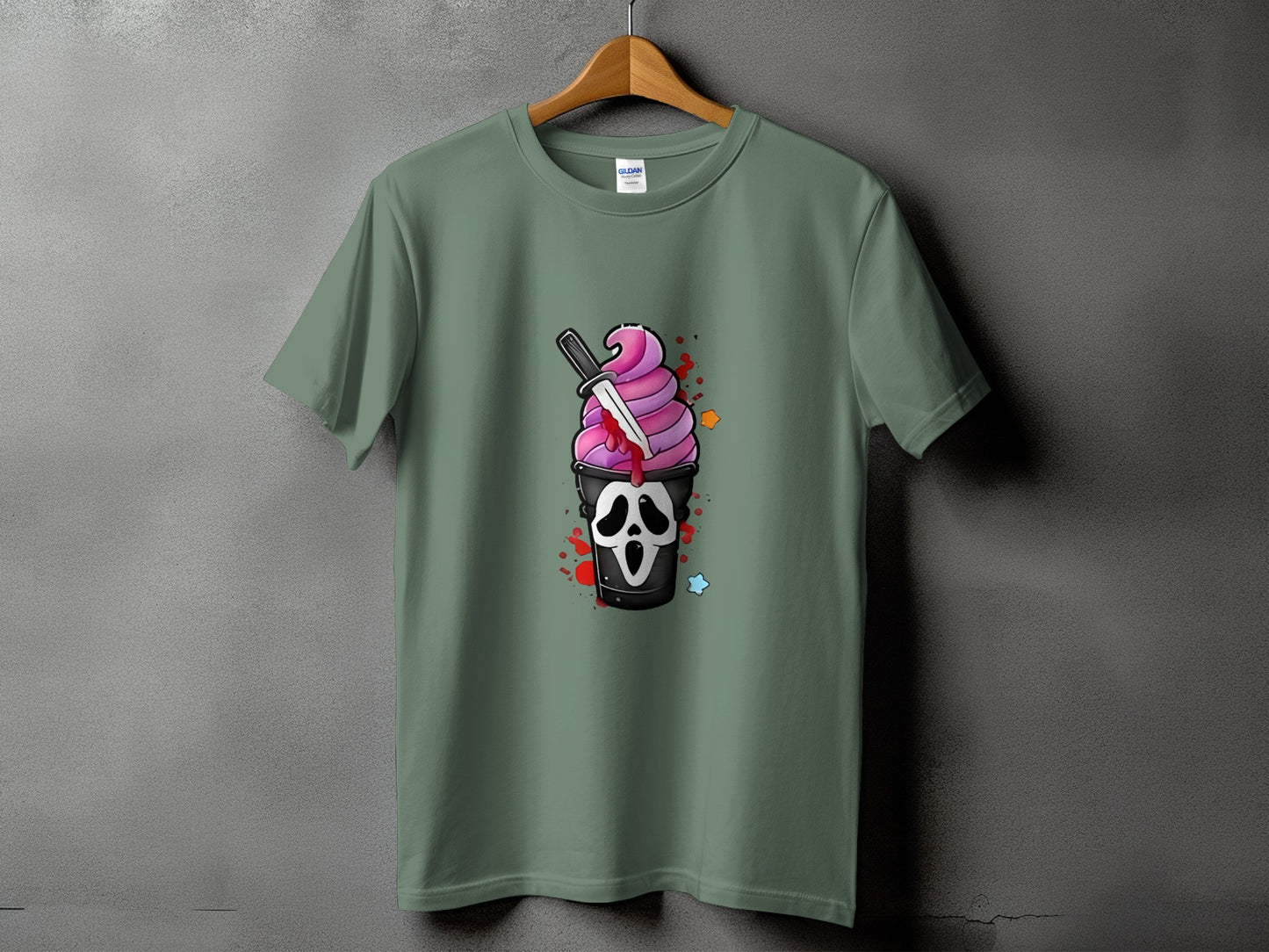 T-shirt with a Scream mask ice cream cone graphic with a knife.