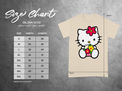 Beige Cat Character Flower Design Gildan 5000 Size Chart product type