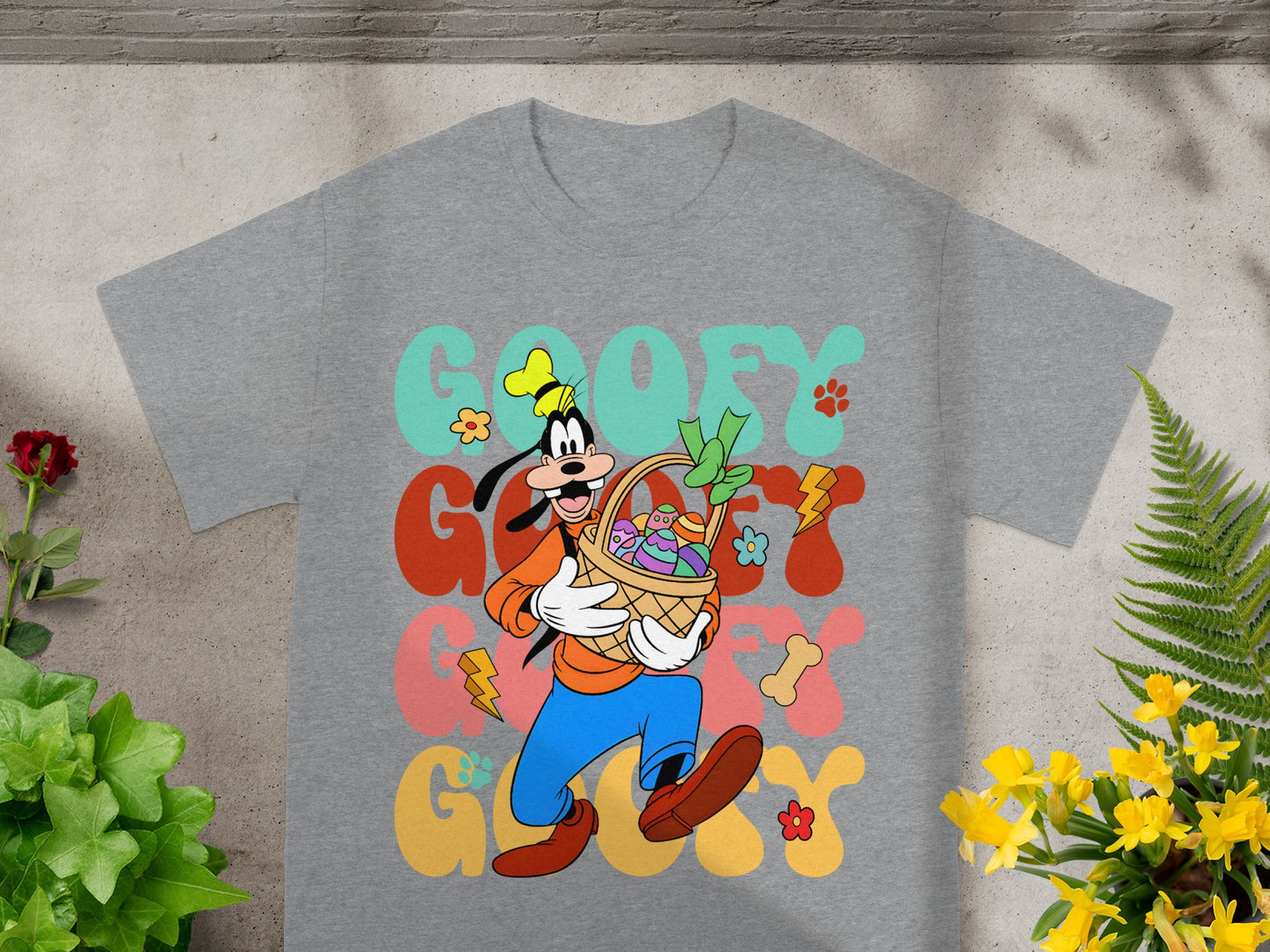 Goofy character holding Easter basket with colorful eggs and text.