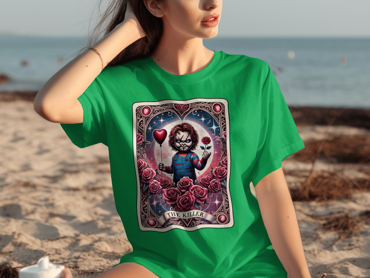 Green Shirt with Creepy Doll Graphic Design Shirt