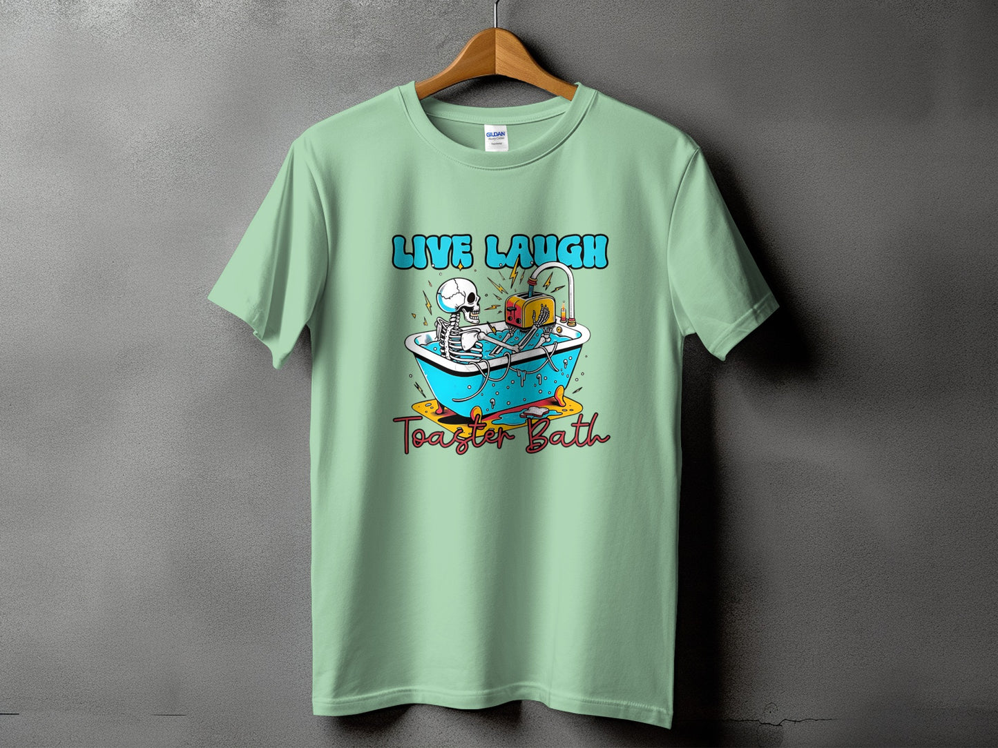 Skeleton in bathtub with toaster and text "LIVE LAUGH TOASTER BATH".