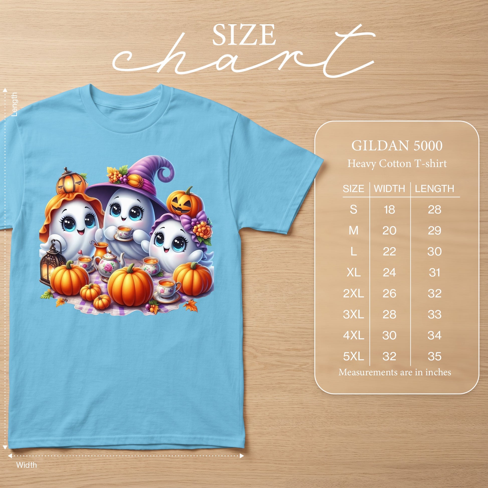 Light blue Gildan 5000 t-shirt with three cute ghosts and pumpkins design.
