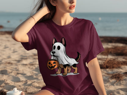 Cute Puppy Halloween Ghost Shirt With Pumpkin Print