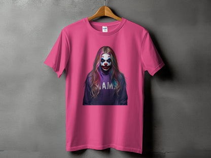 Pink t-shirt with a graphic of a clown wearing a purple hoodie with "MAMA" text.