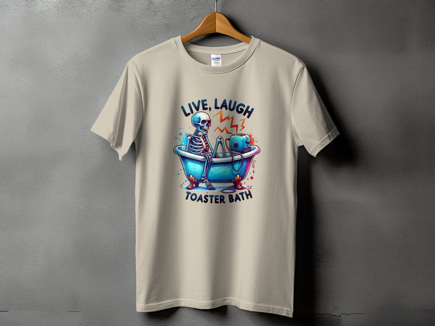Skeleton in bathtub with toaster, "Live, Laugh, Toaster Bath" text.