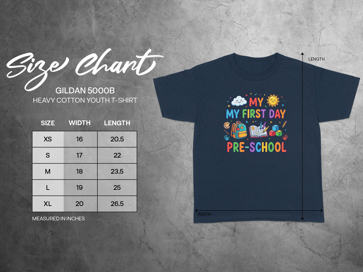 Gildan 5000B youth t-shirt size chart with width and length measurements.