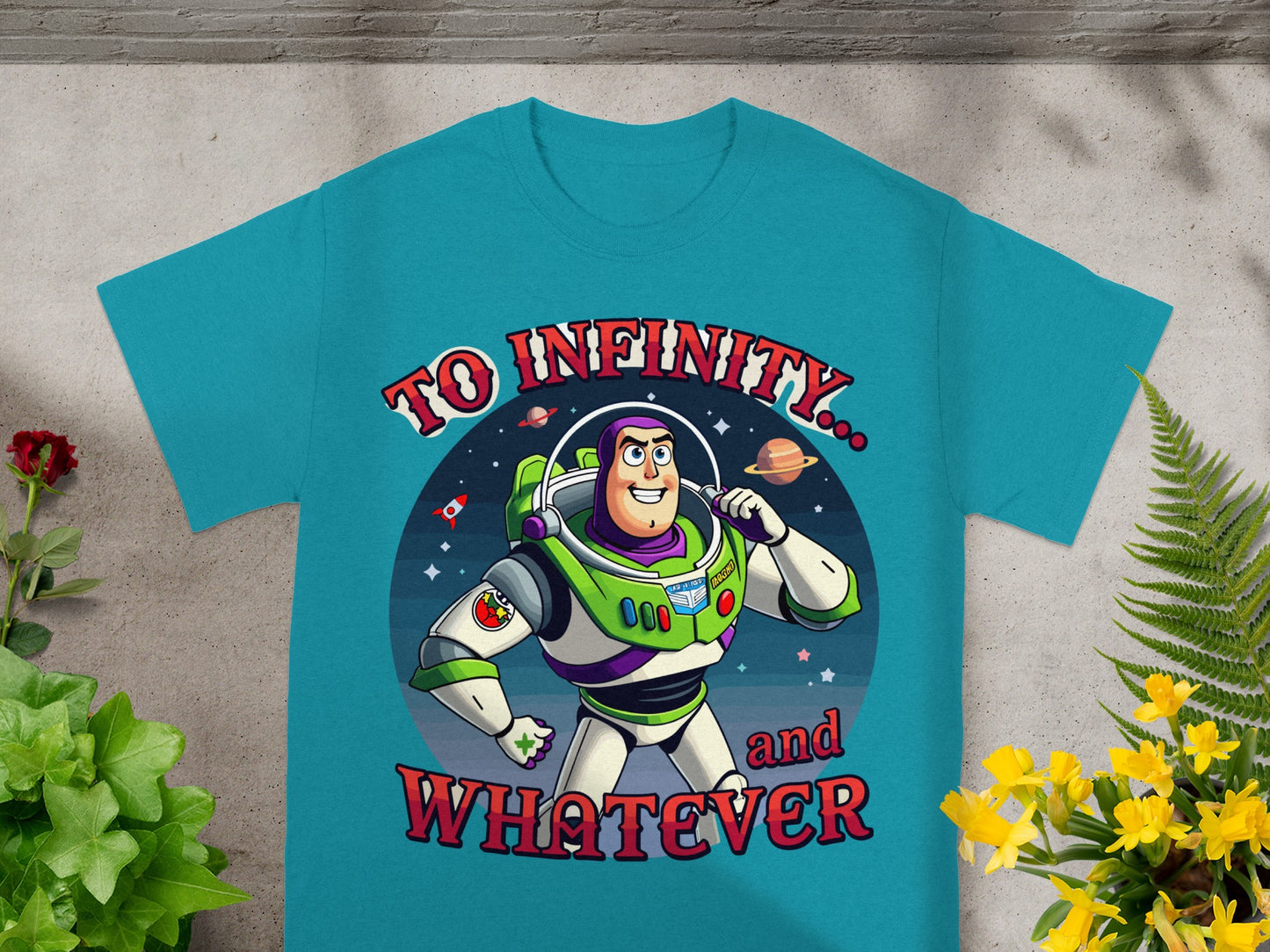 Buzz Lightyear t-shirt with text "To Infinity... and Whatever"
