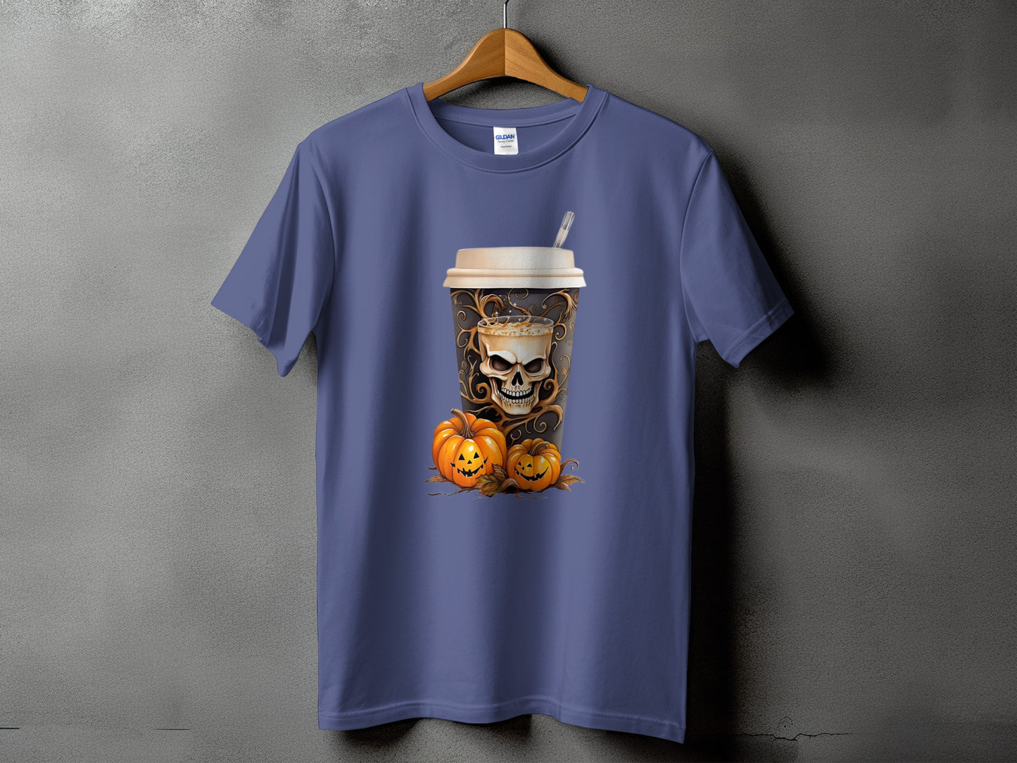 Purple t-shirt featuring a skull-themed coffee cup and two carved pumpkins.