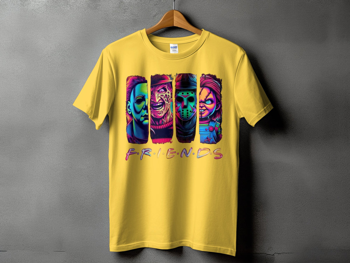 Yellow t-shirt with horror characters Michael Myers, Freddy Krueger, Jason Voorhees, and Chucky.