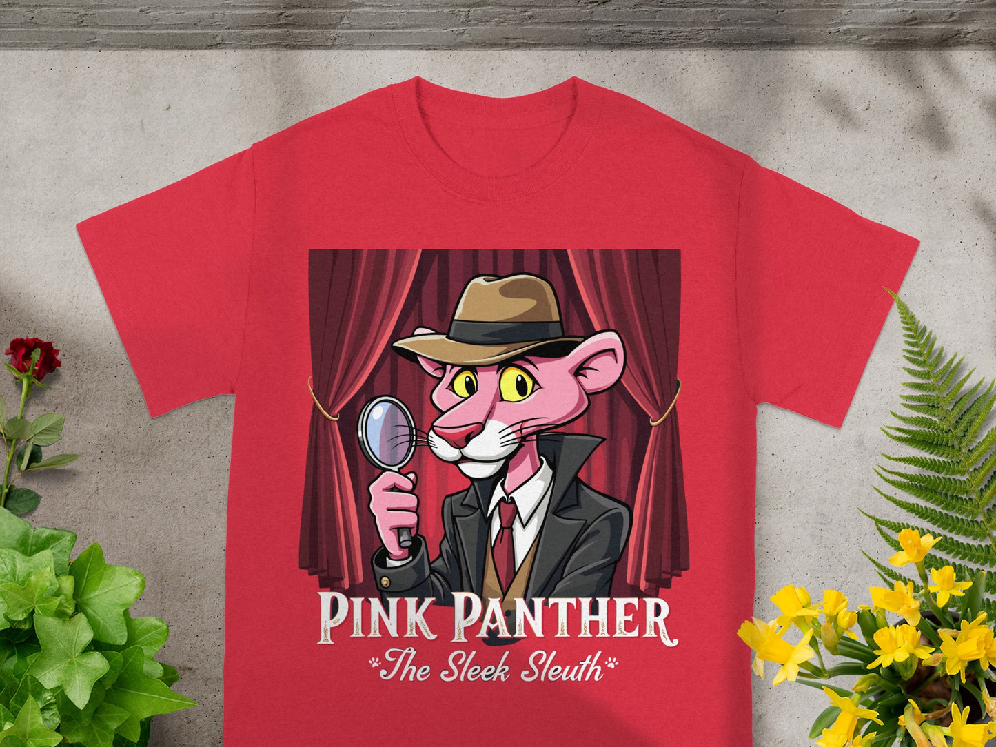 Red t-shirt with Pink Panther as a detective holding a magnifying glass.