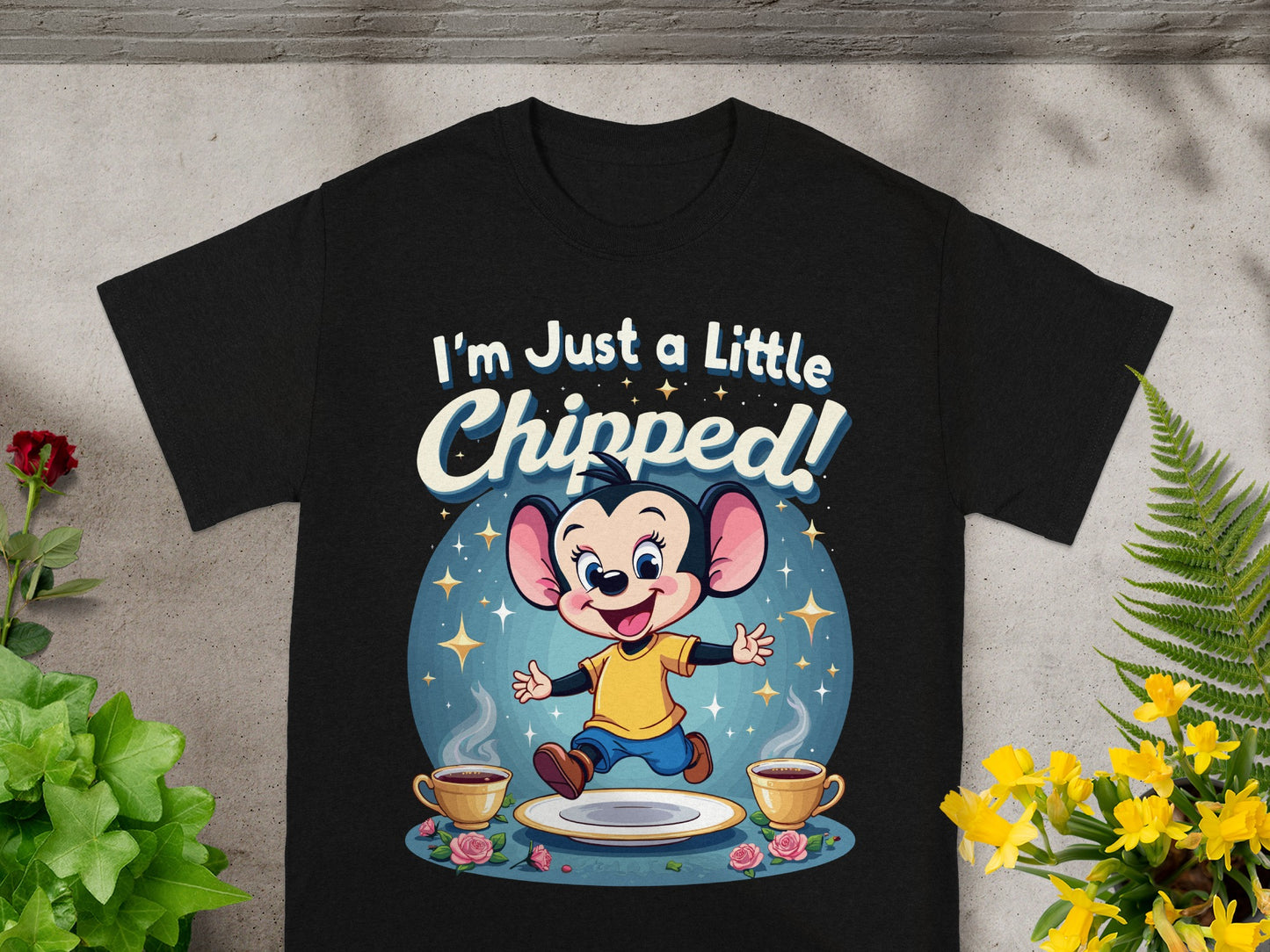 "I'm Just a Little Chipped!" text over cartoon mouse jumping near coffee cups.