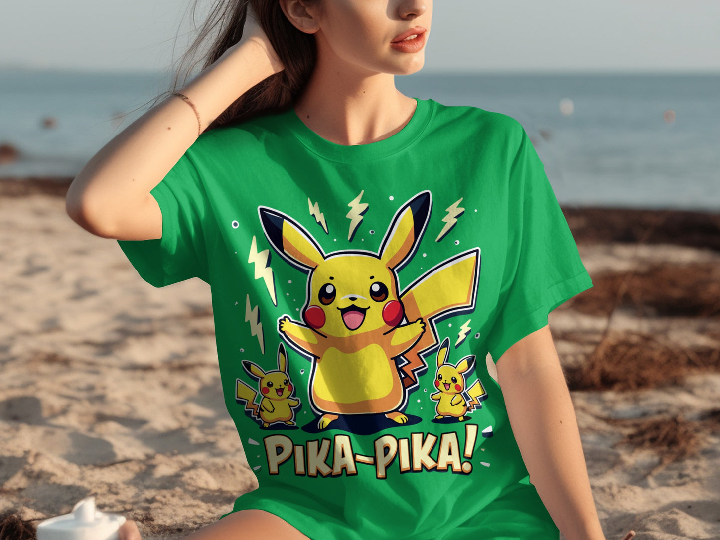 Pika-Pika Cute Pikachu Green Graphic Tee Product