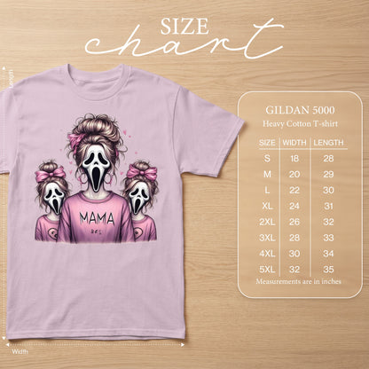 Pink t-shirt with "MAMA & bes" and Ghostface graphic, with size chart.