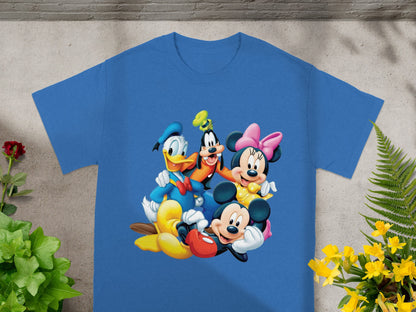 Blue t-shirt with Mickey, Minnie, Donald, and Goofy characters.