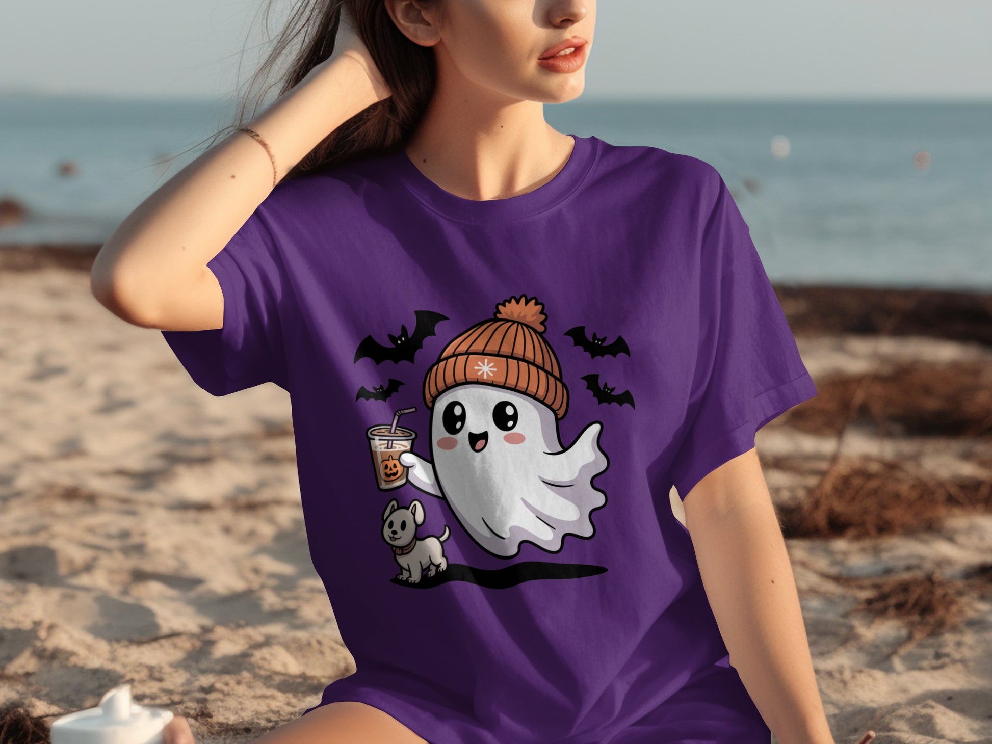 Cute Ghost with Beanie and Pumpkin Drink Halloween Shirt