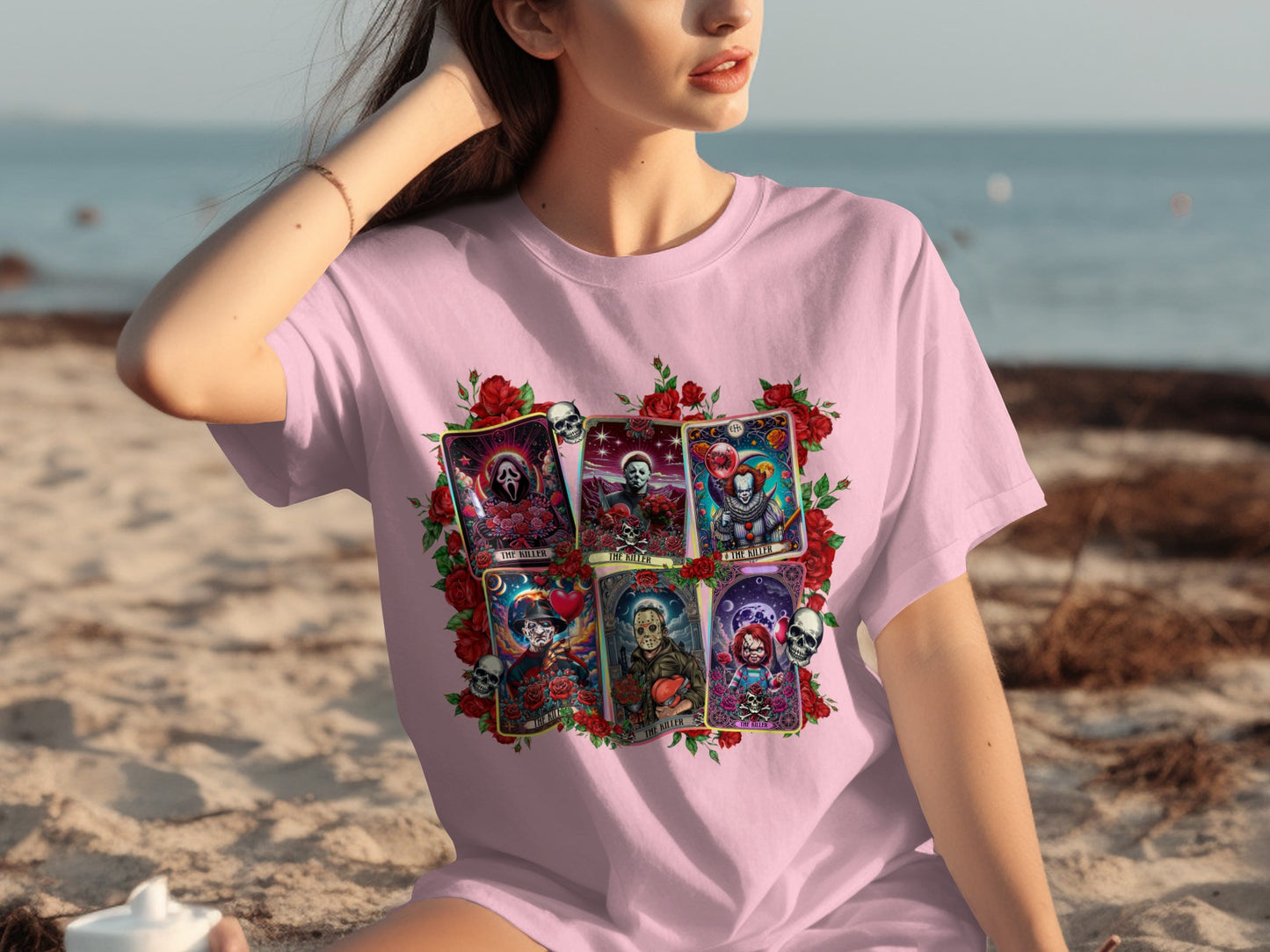 Horror Tarot Cards Graphic on Rose Background Shirt