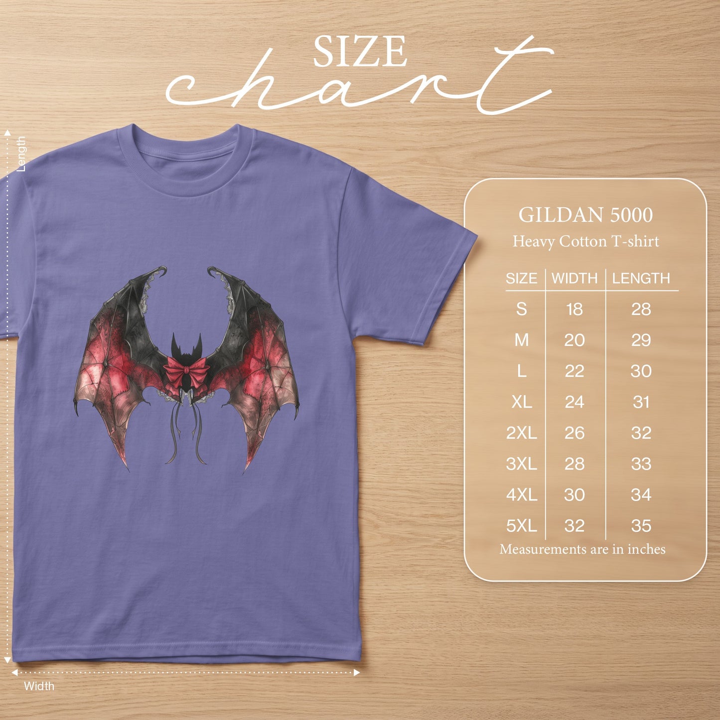 Purple Gildan 5000 t-shirt with a red and black bat graphic and size chart.