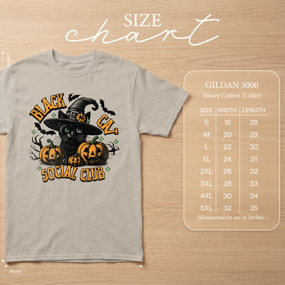 Gildan 5000 heavy cotton t-shirt with black cat and pumpkins graphic.