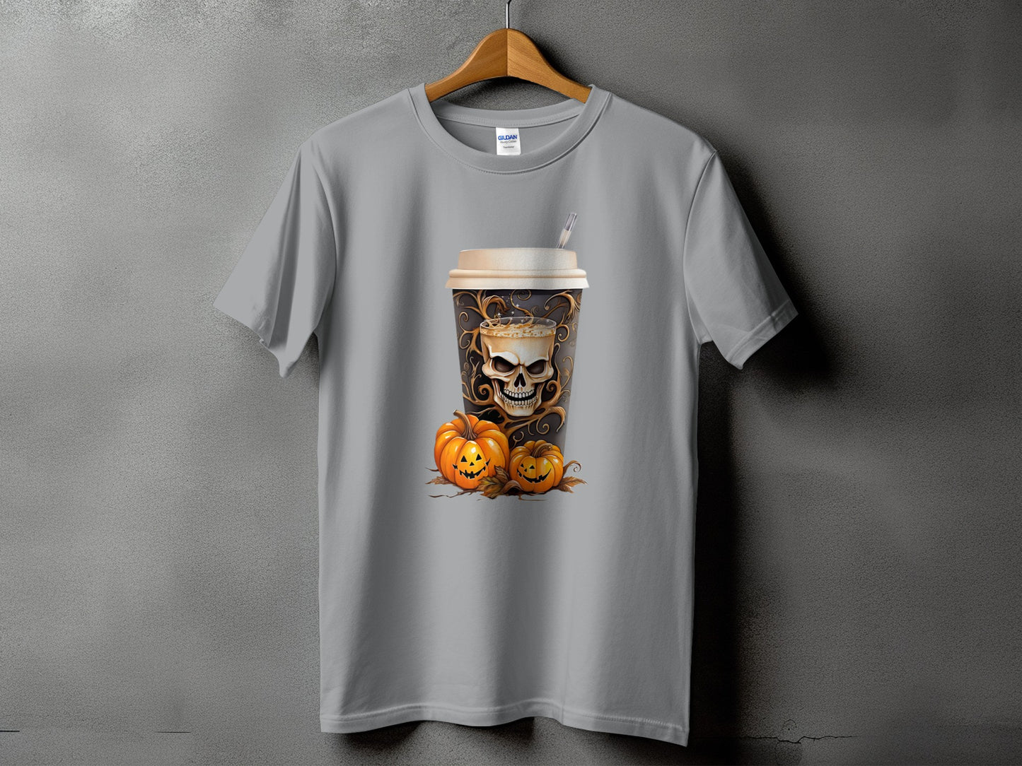 Gray t-shirt with a Halloween coffee cup design featuring a skull and pumpkins.