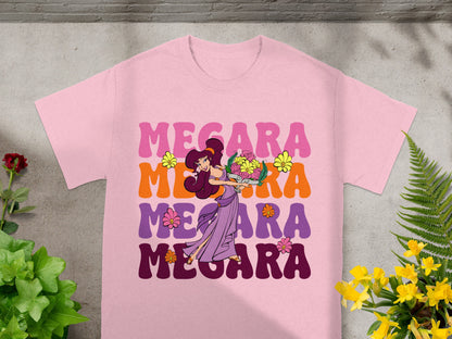 Pink t-shirt with "Megara" repeated in colorful text and a floral illustration.