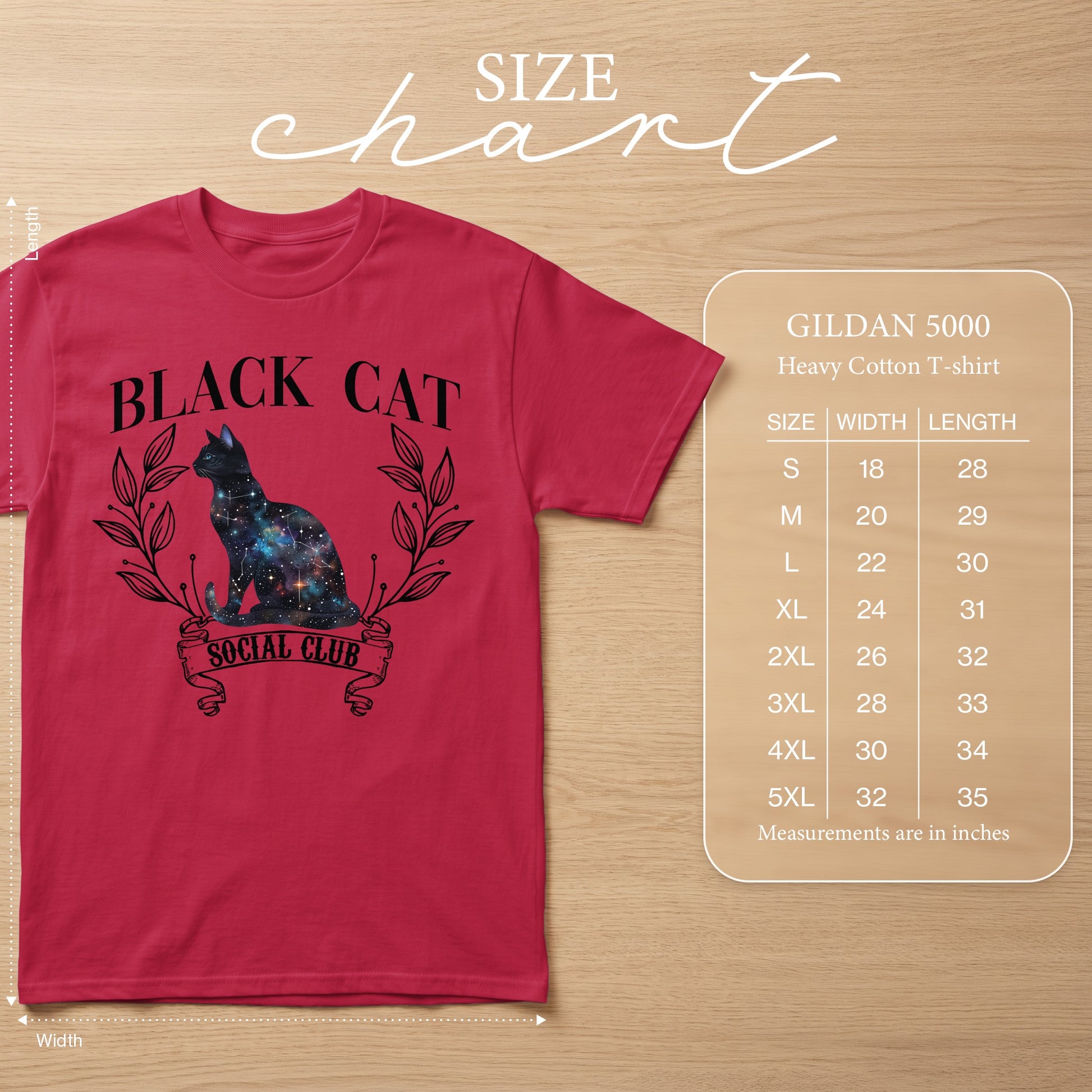 Crimson t-shirt with "Black Cat Social Club" graphic and Gildan 5000 size chart.