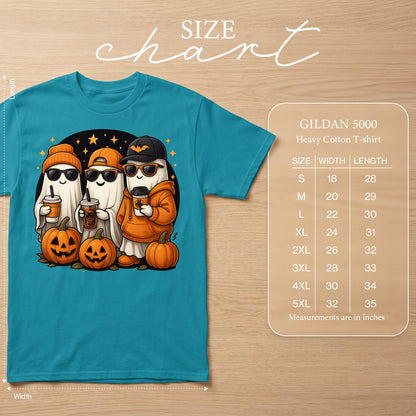 Halloween ghosts with pumpkins and coffee cups on a teal t-shirt with size chart.