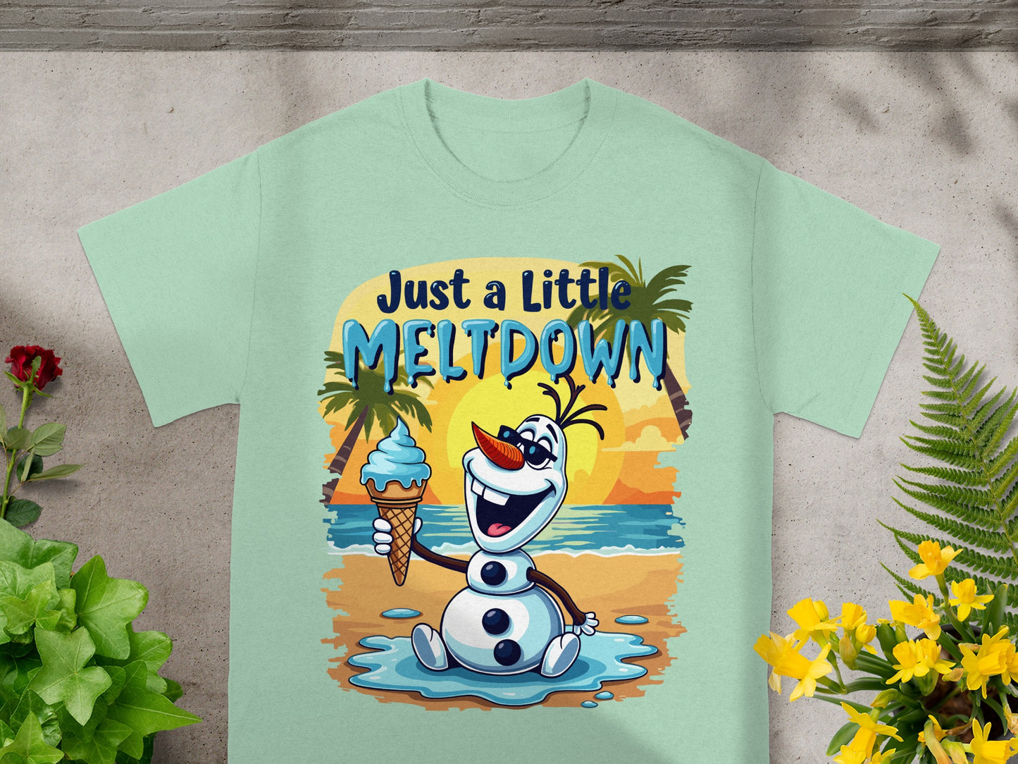 Olaf the snowman holding an ice cream cone on a beach with palm trees.