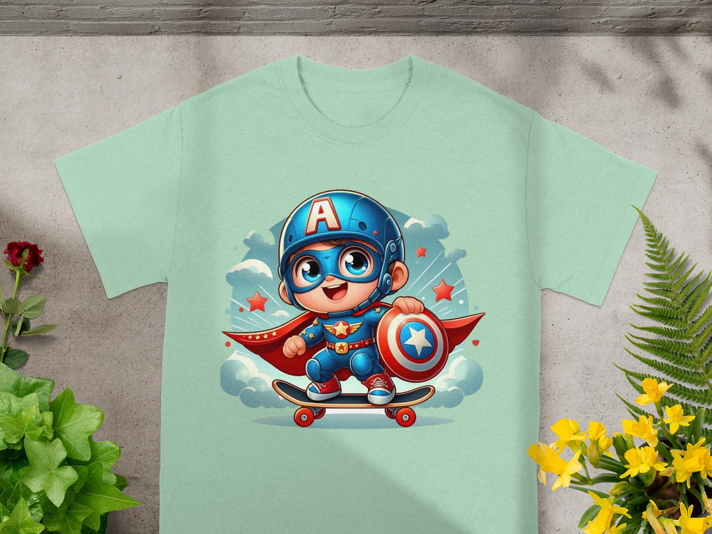 Cartoon Captain on Skateboard Superhero T-Shirt
