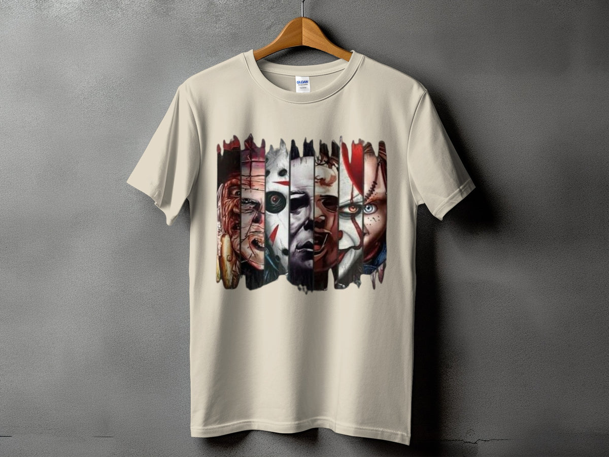 T-shirt with a collage of horror movie villains' faces in vertical panels.