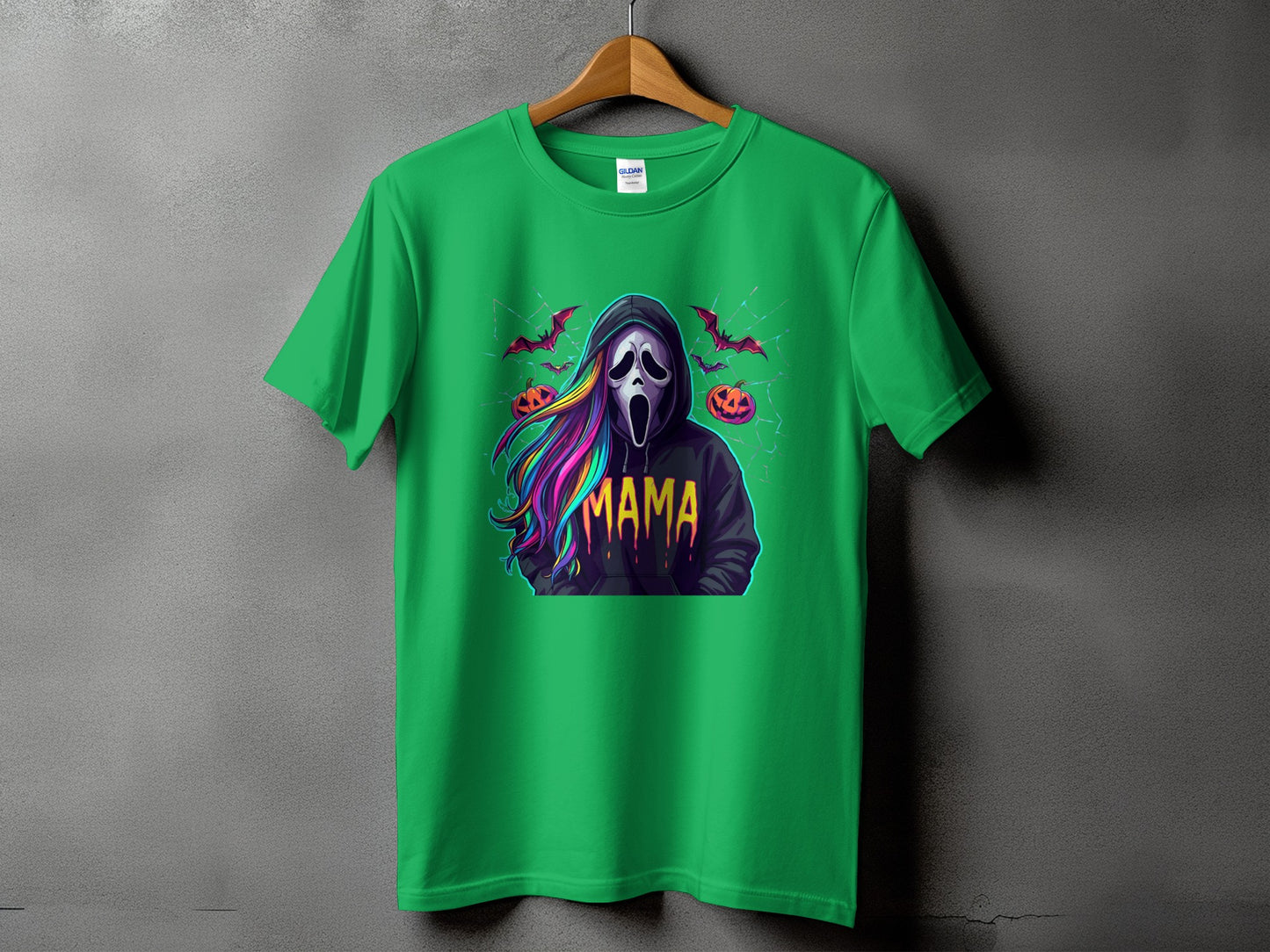 Green t-shirt with a horror mask, rainbow hair, and "Mama" text.