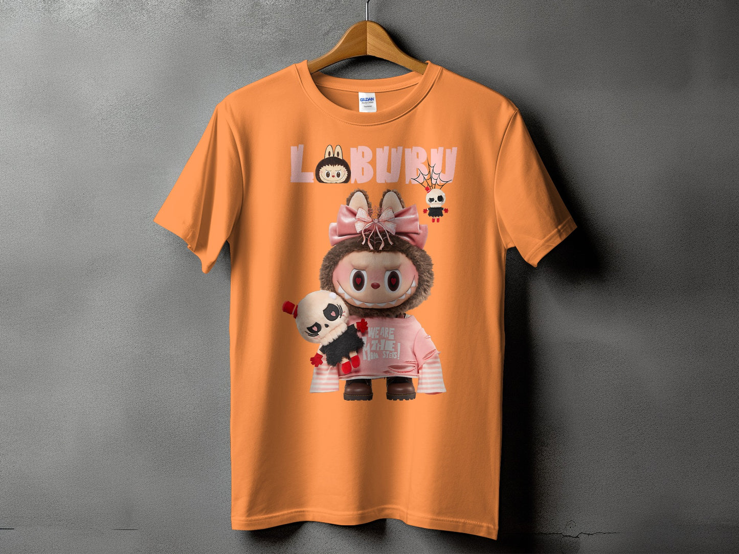 Orange t-shirt with "LABURUN" text and cartoon characters including a bear and a skull.