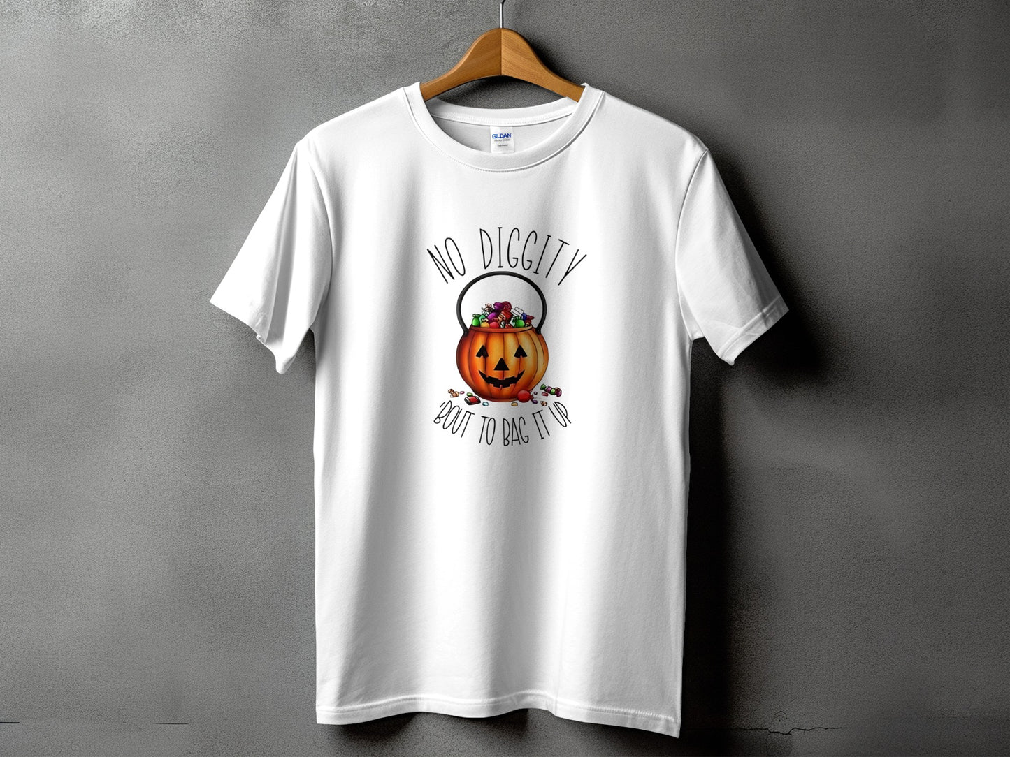 White t-shirt with a jack-o'-lantern candy bucket and "No Diggity 'Bout to Bag It Up" text.