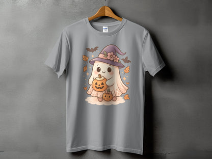 Cute ghost in witch hat holding pumpkins with bats and leaves.