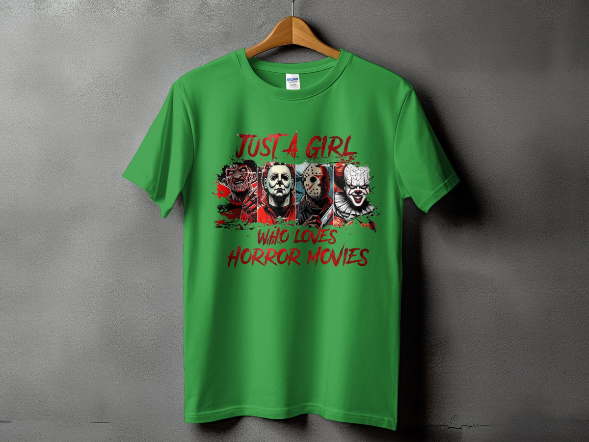 Green t-shirt with "Just A Girl Who Loves Horror Movies" and horror characters.