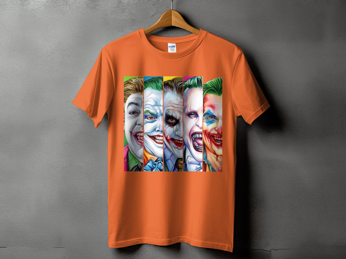 Orange t-shirt with five Joker faces in panels.
