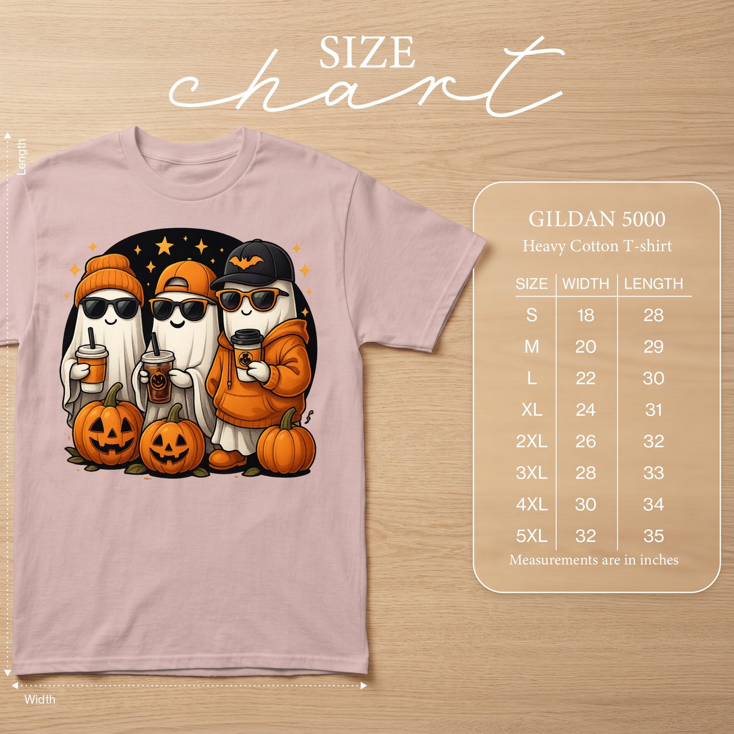 Pink Gildan 5000 t-shirt with Halloween ghosts, pumpkins, and size chart.