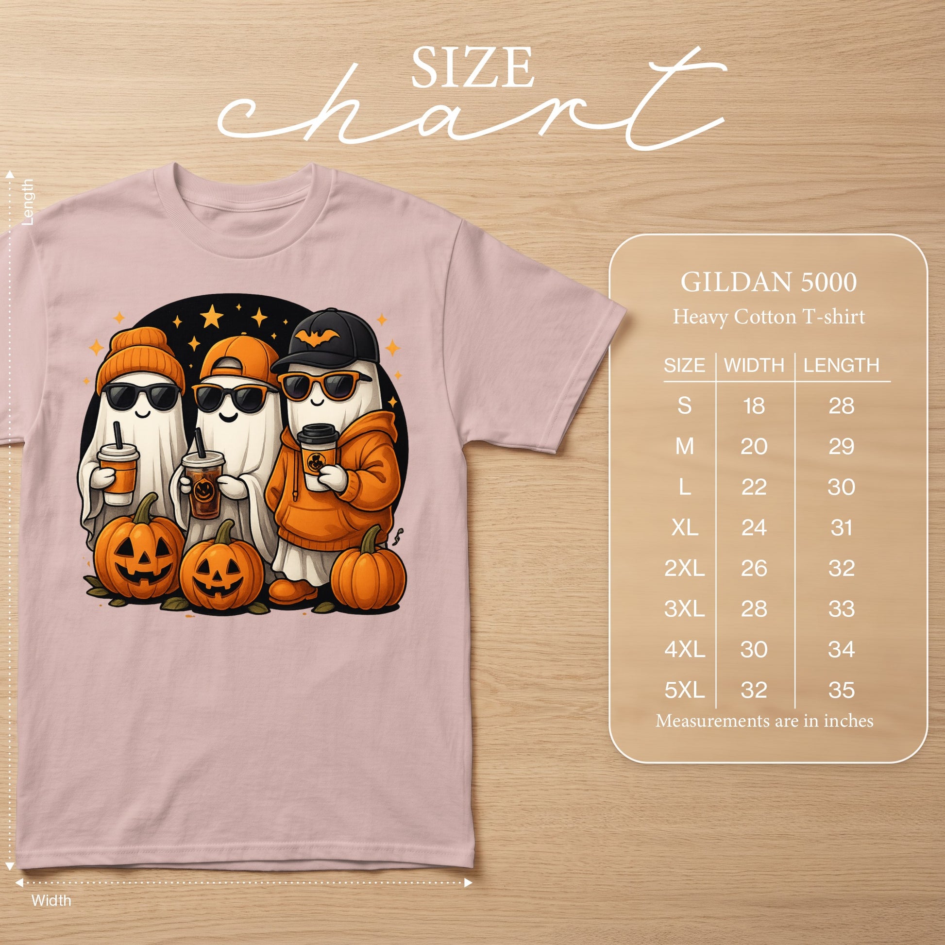 Pink Gildan 5000 t-shirt with Halloween ghosts, pumpkins, and size chart.