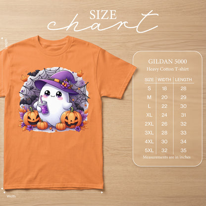 Orange t-shirt with cartoon ghost, pumpkins, bats, and a size chart.