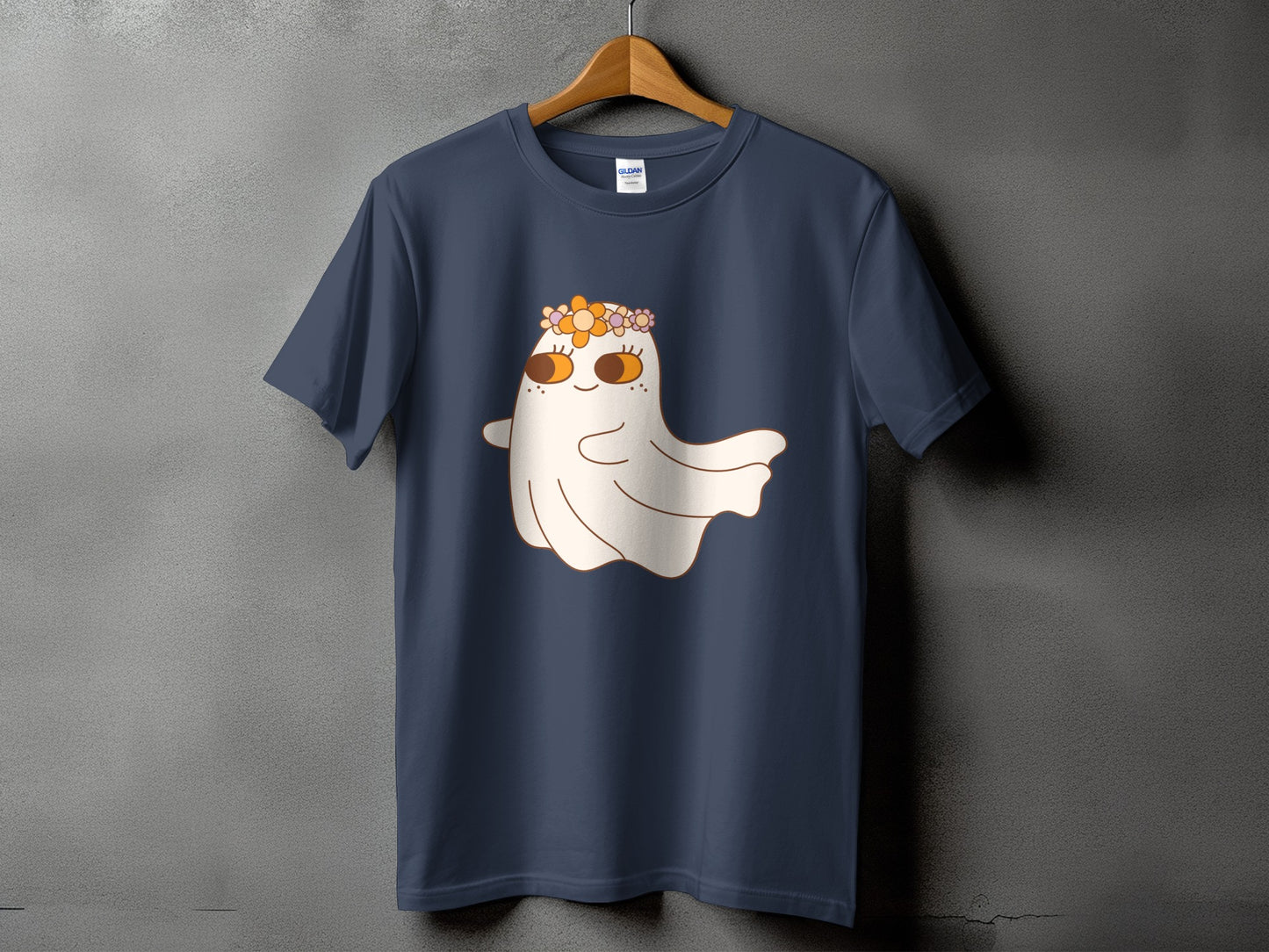 Navy t-shirt with a cute ghost wearing a flower crown graphic.