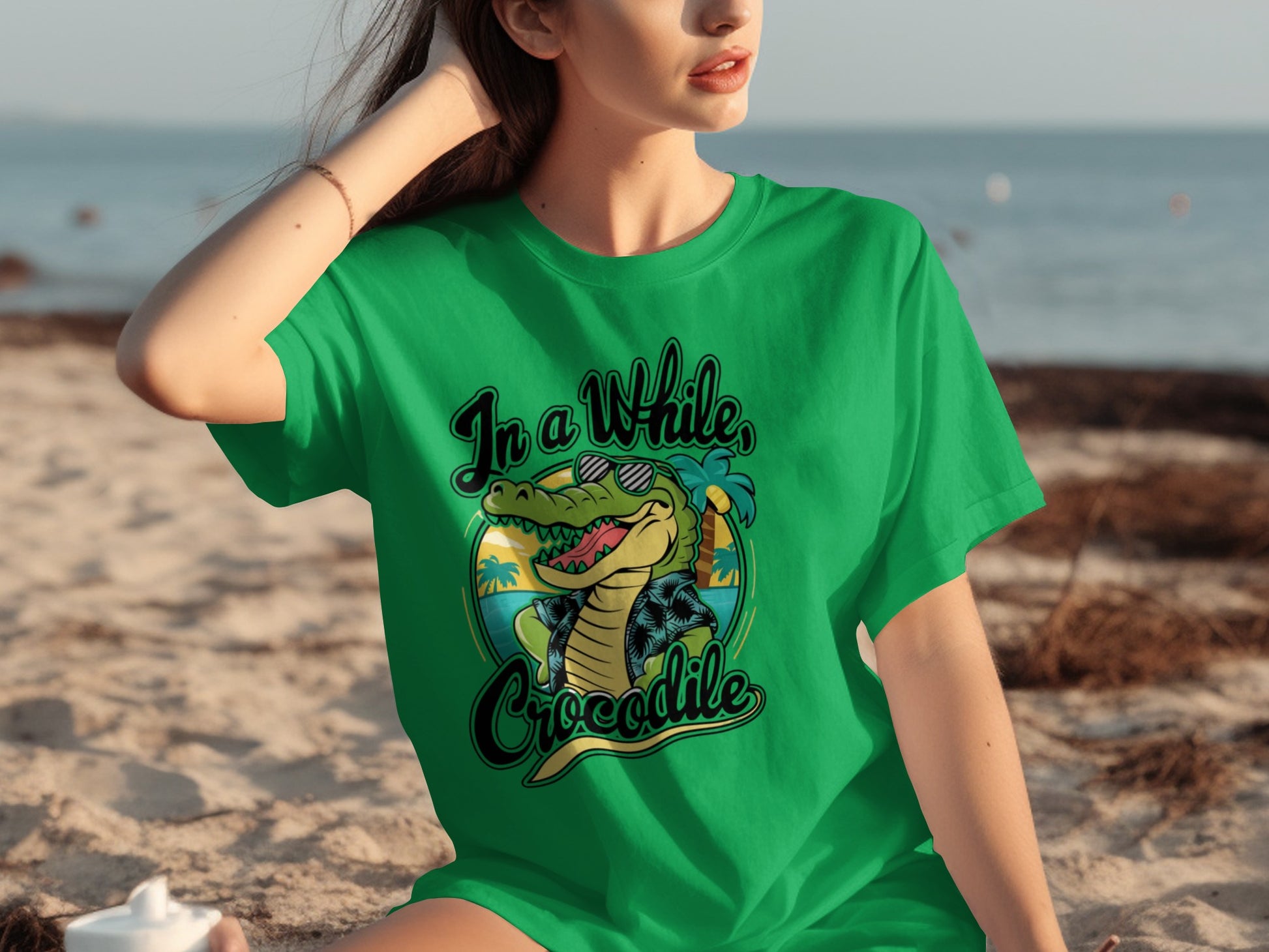 In a While Crocodile Funny Cartoon Green Shirt