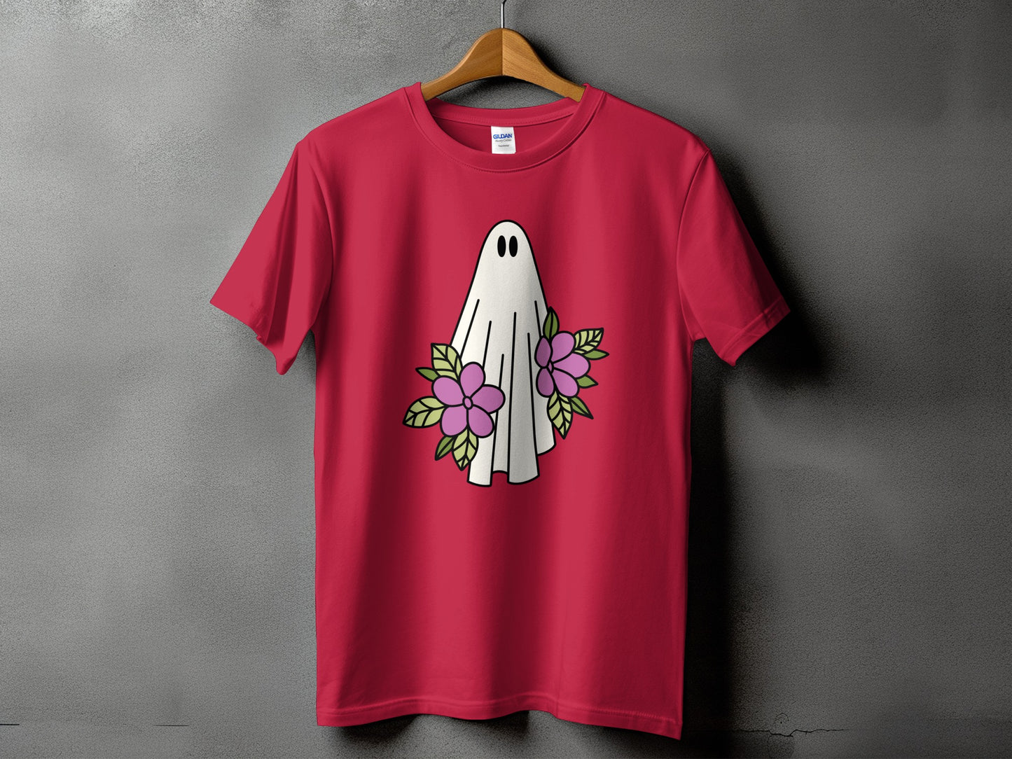 Red t-shirt with a white ghost and purple flowers graphic.