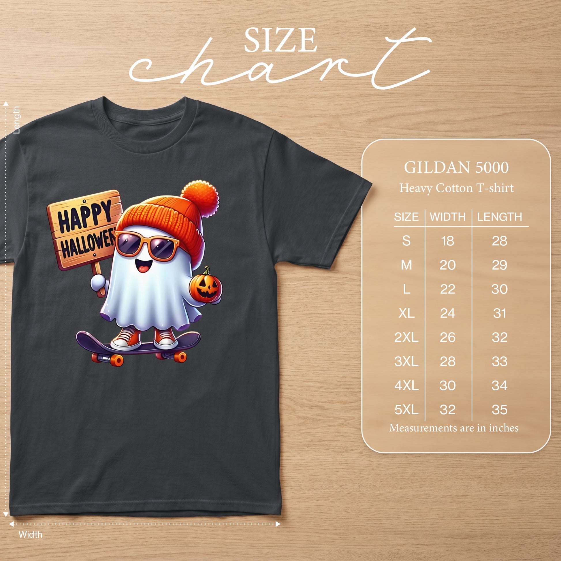 Dark grey Gildan 5000 Heavy Cotton T-shirt with a cartoon ghost.